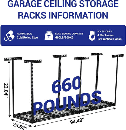 Overhead Garage Storage Rack 2x8 FT, Steel Ceiling Shelves 660lb Capacity, Height Adjustable 22-40 Inches, Space-Saving for Attic Basement Shed (Black, 6 Posts)