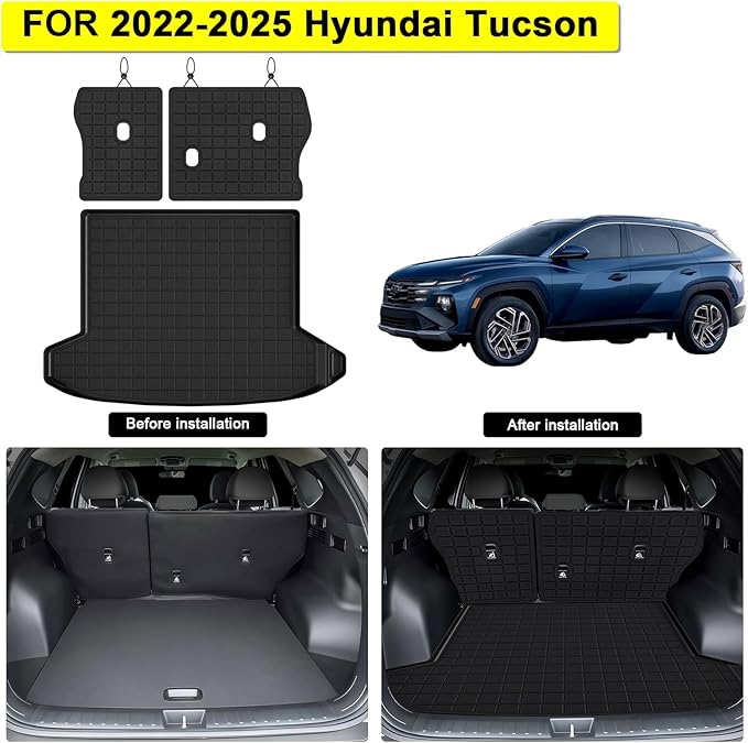 Cargo Mat with Backrest Protection for 2022-2024 2025 Hyundai Tucson, TPE All Weather Protection Cargo Liner with Velcro Rear Seats Backrest car Accessories-Black