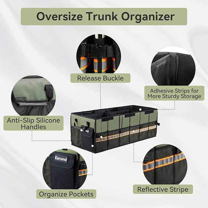 Car Trunk Organizer with Lid,Collapsible Car Storage Organizer with Multi Compartments and Securing Straps for SUV,Sedan,Jeep-Green