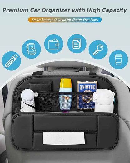 FLORICH Hanging Car Backseat Organizer, 5-in-1 Premium Leather Headrest Seat Back Storage with Cup Holder, Foldable Hanging Car Tissue Holder 2 Pack