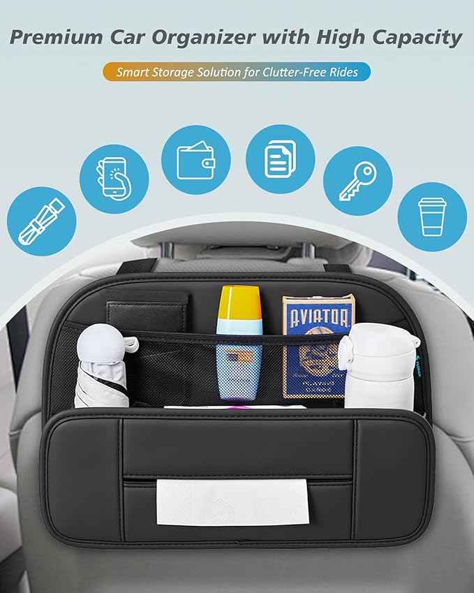 FLORICH 5-in-1 Car Backseat Organizer, Premium Leather Headrest Seat Back Storage Pocket with Cup Holder, Foldable Hanging Car Tissue Holder 1 Pack