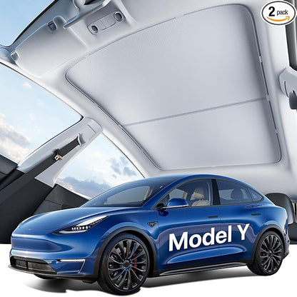 Tesla Model Y Panoramic Roof Sunshade (2020–2023) Double-Layer Heat Block Sunroof Shade, Ice-Cooling Reflective Fabric, 99% UV Protection, Foldable with Storage Bag, Tesla Model Y Accessories
