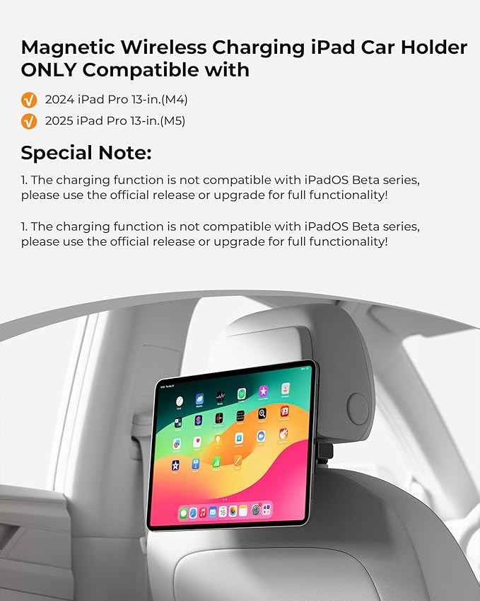 KU XIU Magnetic Wireless Charging Car Headrest Tablet Holder for iPad Pro 13'' M4/M5 Only, Tablet Car Back Seat Mount for Kids, Road Trip Essentials Trave Holder with Air Vent Stand, 2M USB-C Cable