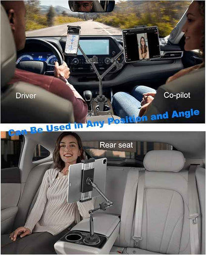 Heighten Tablet Cup Holder Mount [Super Durable] Heavy Duty Metal Cup Holder Tablet Mount for Car, Truck, SUV, Tesla, Compatible with 4-13" Pad Pro 12.9/Air/Mini, Galaxy Tab/Z Fold, iPhone