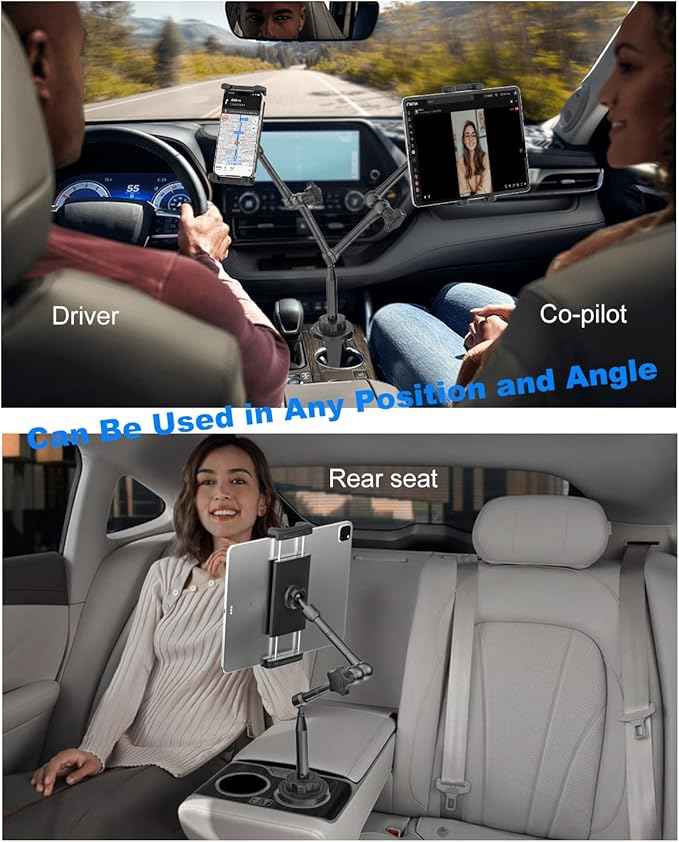 Heavy Duty Metal Cup Holder Tablet Car Mount, One-Touch Adjustment Magic Arm Cup Holder Tablet Mount for Cars, SUVs, Trucks, Compatible with iPad Pro Air Mini, iPhone, Z Fold, 4-13" Devices