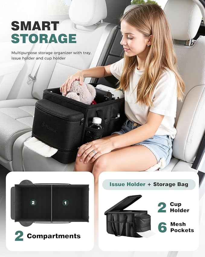FLORICH Car Seat Organizer, Premium Backseat Car Organizer with Tray for Kids and Adults, Front Passenger Organizer with Tissue Box and Cup Holder and Mesh Pockets Waterproof