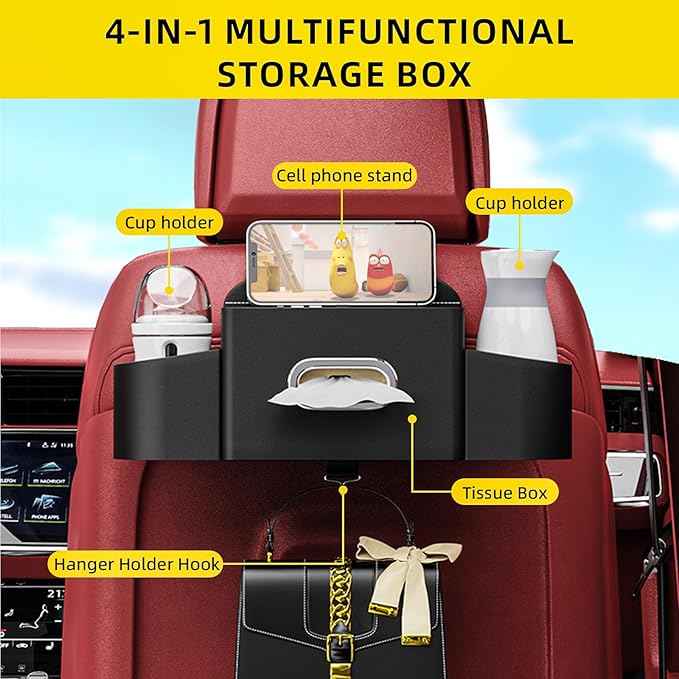 Back Seat Car Organizer with one Towel Leather wood materials Car Back Seat Storage Box 2 Drink Cup Holder Tissue Box for Hold Phone Drinks Handbag Compatible with Most Vehicles (Black)