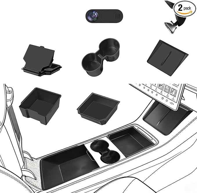 Center Console Organizer Tray for Tesla Model Y Juniper 2025-2026&Tesla Model 3 Highland 2024-2026, Black Storage Box Set with Cup Holder and Camera Cover, 2 Compartments