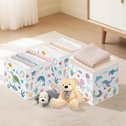Clastyle Ocean Animals Storage Cube Organizer Set Handle Closet Clothes Cube with Metal Frame Foldable Parents Organizer Storage Basket for Book Toy,White,11.8x11.8x11.8 in