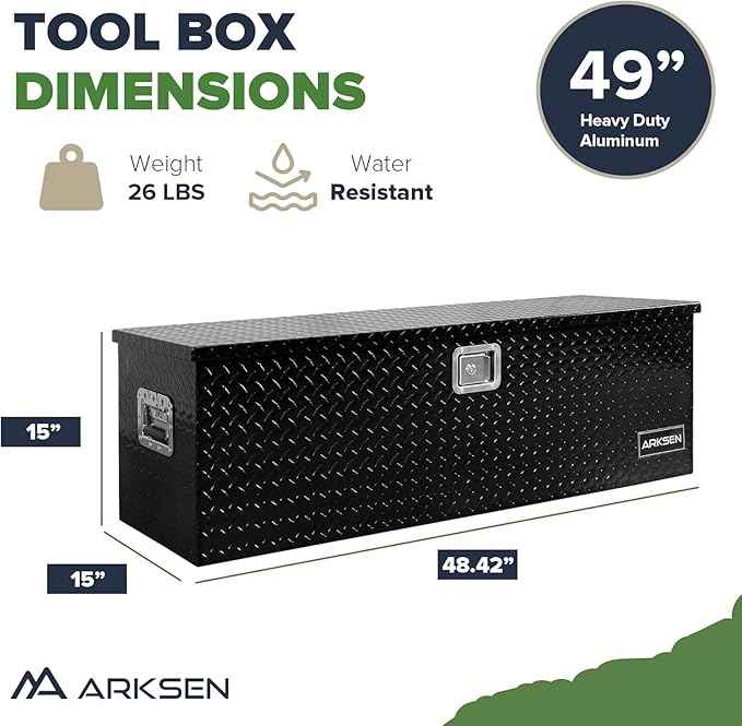 ARKSEN 49 x 15 x 15 Inch Diamond Plate Truck Bed Tool Box, Heavy Duty Waterproof Aluminum Toolboxes Storage Chest with Side Handle & Lock for Pickup Truck Bed, RV & Trailer – Black