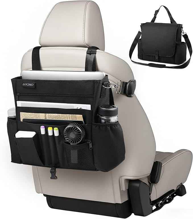 LUCMO Car Seat Organizer with Tablet and Laptop Compartment, Multiple Pockets Truck Front Seat and Backseat Organizer, Portable Large Capacity Office Bag with Adjustable Strap and Hardened Buckles