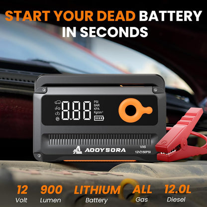 Car Battery Jump Starter with Air Compressor 6000A 150PSI Portable Car Battery Jump Starter (All Gas/12L Diesel) with Auto-Shutoff Tire Inflator, 12V Jump Box with Portable Jumper Cables