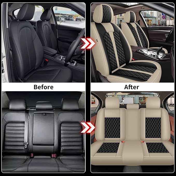 Car Seat Covers Full Set Fit for Hyundai Santa Cruz 2022 2024 2025 2026: 5 Seat Auto Interior Accessories, Waterproof Faux Leather Vehical Car Seat Cushions Cover（Beige&Black