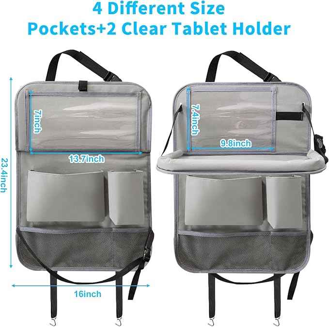 Car Backseat Organizer with Tablet Holder, 6 Storage Pockets Foldable Table Food Tray Seat Back Protectors Kick Mats Travel Accessories, 2 Pack Grey