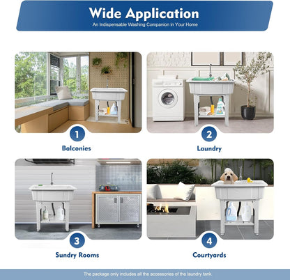 Freestanding Utility Sink Plastic Laundry Tub Spacious Sink with Storage Shelf Indoor Outdoor Wash Station for Bathroom Washing Room (Gray, 31.5*22.05*31.5in)