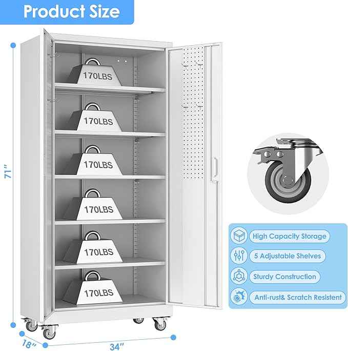 Aobabo Upgraded Garage Storage Cabinets with Wheels,Metal Storage Cabinets with 5 Adjustable Shelves for Garage Home Office Storage,White,71''H*34''W*18''D,Assembly Required