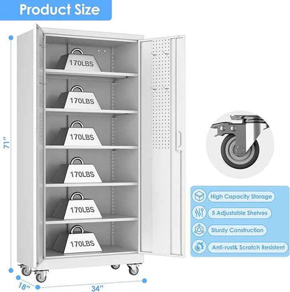 Aobabo Upgraded Garage Storage Cabinets with Wheels,Metal Storage Cabinets with 5 Adjustable Shelves for Garage Home Office Storage,White,71''H*34''W*18''D,Assembly Required
