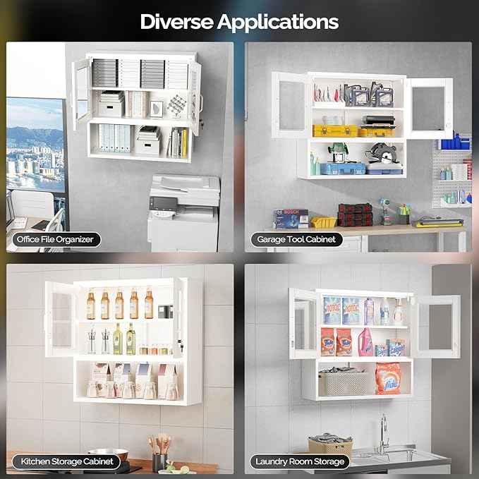 VINGLI Metal Wall Cabinet with Locking Glass Doors, Adjustable Shelf, Wall Mounted Storage Display Cabinets for Garage, Kitchen, Home Office, Warehouse, Living Room, White
