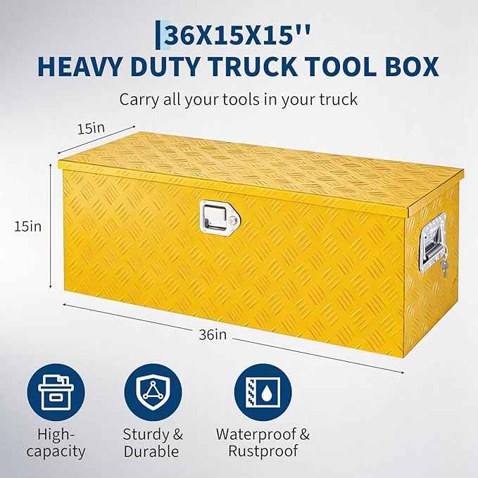 Truck Bed Tool Box Aluminum with Lock and Keys, 36x15x15 Inch, Weatherproof Storage Chest Organizer, Side Handles, Gas Strut Lid, Large Capacity Heavy Duty Steel Metal Tool Box for Pickup, Trailer, RV