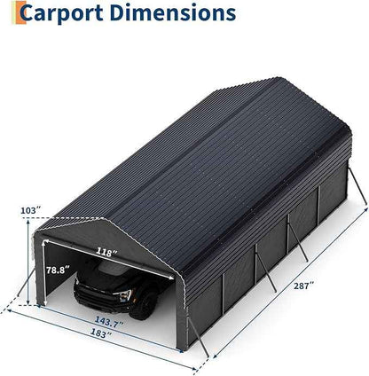 Garvee 12'X24'X9' Metal Carport, Enclosed Car Ports with Heavy Duty Steel Frame and 220 g Tarp, All-Weather Carport for Full-Size Pickup Trucks, Bass Boats, and Tractors