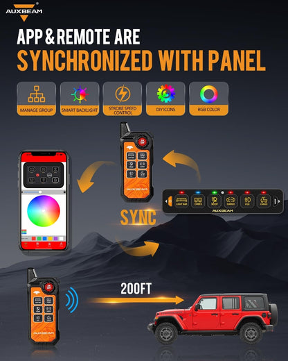 Auxbeam 6 Gang Slim Switch Panel Bluetooth RGB AS-600 with APP&Remote Control Toggle Momentary Pulsed Switch Pod Off Backlight for Truck Offroad UTV ATV Car Marine 12-24V Waterproof, 2 Years Warranty