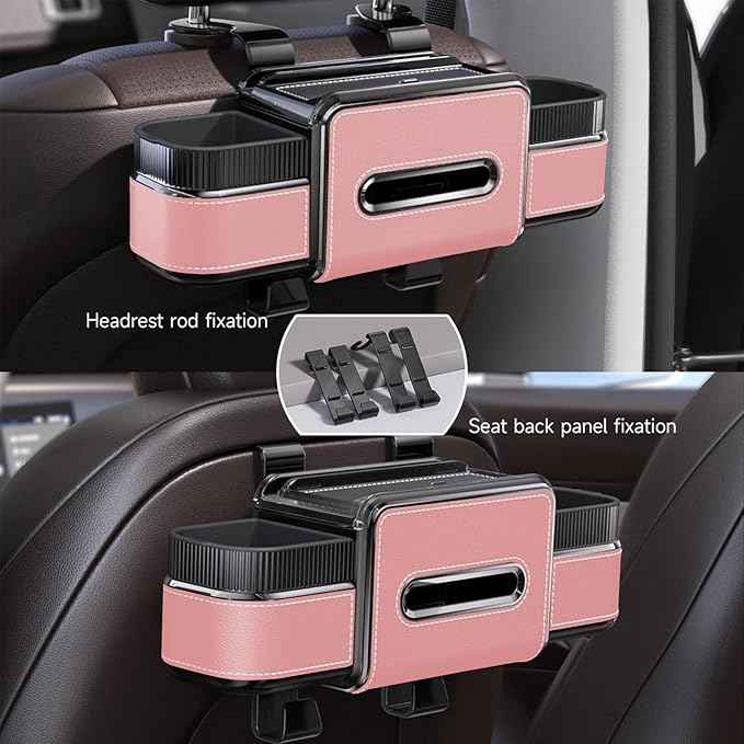 Multifunctional Car Seat Back Organizer Box with Drink Cup Holder, Makeup Mirror, Tissue Box& Hooks for Car Seat Back, New Upgrade Car Headrest Backseat Organizer Suitability for Wife, Girlfriend