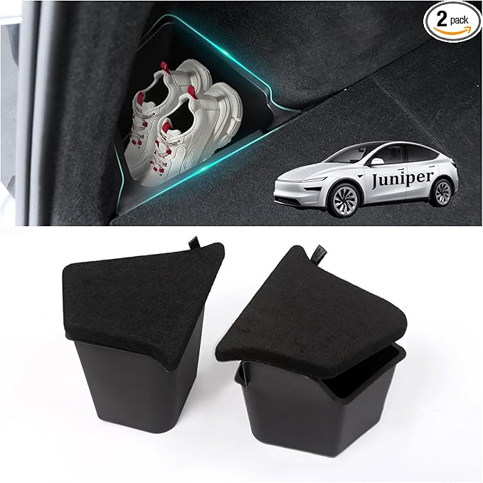 Trunk Storage Bins Trunk Organizer for 2025 2026 Tesla Model Y Juniper 5-Seater, 2PCS Large-Capacity Rear Side Storage Boxes with Carpeted Lid for Model Y Juniper Interior Accessories