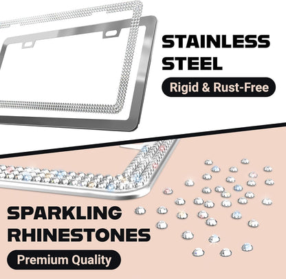 Sparkly Bling License Plate Frame for Women - 1 Pack, 800 Premium Rhinestones, Rust-Free Stainless Steel, Street Legal & Slim Design, Girly Bedazzled Diamond Car Tag Holder with Glitter Crystal Covers
