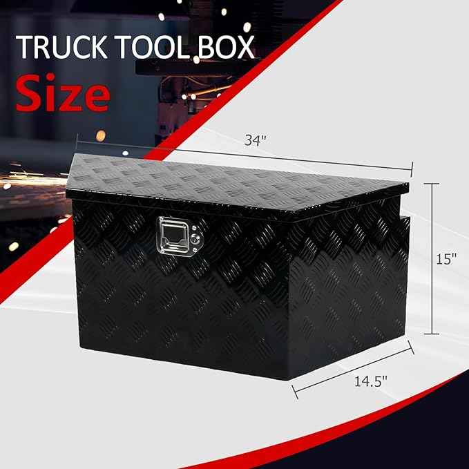34 Inch Aluminum Trailer Tongue Tool Box 5 Bar Tread Wide Utility ToolBox for Pick Up Truck RV Storage Organizer Tool Box with Lock and Keys - 34"X14.5"X15" Black