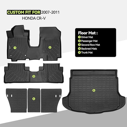 Tongama-Floor Mats for 2007-2011 Honda CR-V, All Weather TPE Floor Liners and Trunk Mat and Backrest Mats Protectors for Honda CR-V Interior Waterproof Accessories