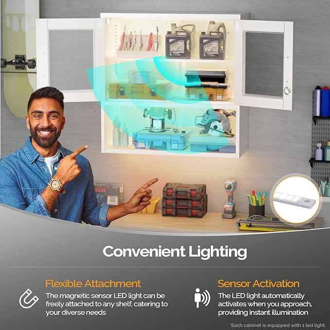 VINGLI Metal Wall Cabinet with Locking Glass Doors & Magnetic LED Sensor Light, Adjustable Shelf, Wall Mounted Storage Display Cabinets for Garage, Kitchen, Home Office, Warehouse, Living Room, White