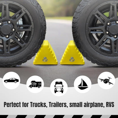 Premium 4 pcs Heavy Duty Wheel Tire Chocks, Vehicle Chocks with Eyebolt for Travel Trailers, Camper, Truck, Car and ATV 4 Pack, Yellow