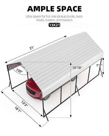 Garveelife 13 ft x21 ft x11 ft Oversized Metal Carport, Heavy Duty Metal Car Port for All-Weather, Steel Shed for Bass Boats, Pickup Trucks, and Tractors