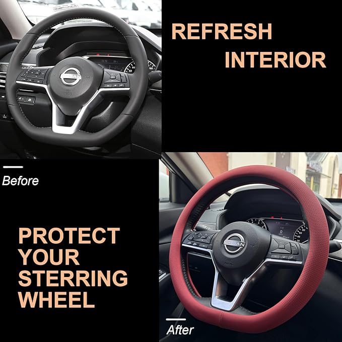 PINCTROT D Shaped Nappa Leather Steering Wheel Cover, Slim Fit No Bulk Design, One Piece Leather with Breathable Perforation, Fit Like Gloves, Flat Bottom 14.5-15 Inch(Nappa Rust Red)