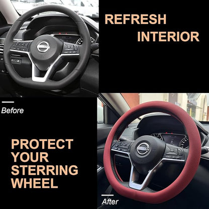 PINCTROT D Shaped Nappa Leather Steering Wheel Cover, Slim Fit No Bulk Design, One Piece Leather with Breathable Perforation, Fit Like Gloves, Flat Bottom 14.5-15 Inch(Nappa Rust Red)