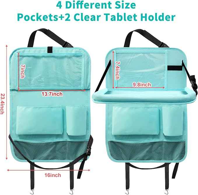 Backseat Car Organizer with Tablet Holder, 6 Storage Pockets Car Storage Organizer with Foldable Food Tray, Kick Mats Travel Accessories, 2 Pack BLue
