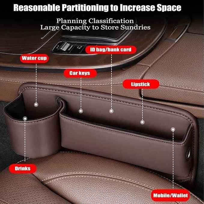 Car Seat Gap Storage Bag for Tesla Model 3 S X Y 2012-2025, 2 Pack Universal Leather Front Filler Organizer Box with Cup Holder, Premium for Keys Phone Glasses Cards, D/Coffee
