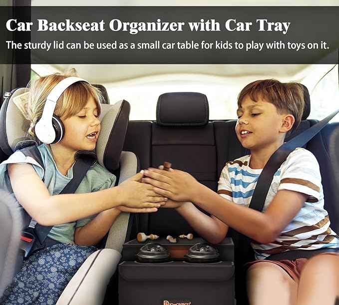 Car Seat Organizer-Car Organizers and Storage with Cooler Compartment, Car Organizer Front Back Seat for Kids, Car Storage Organizer with Lid Cup Holder Tissue Holder for Road Trips (Black)
