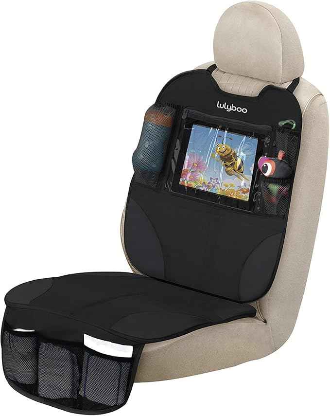 Lulyboo Car Seat Protector & Organizer for Baby & Toddler - Back Seat Storage, Kick Mat with Tablet Holder, Toys & Essentials, Fits All Vehicles, Durable Nylon, Black
