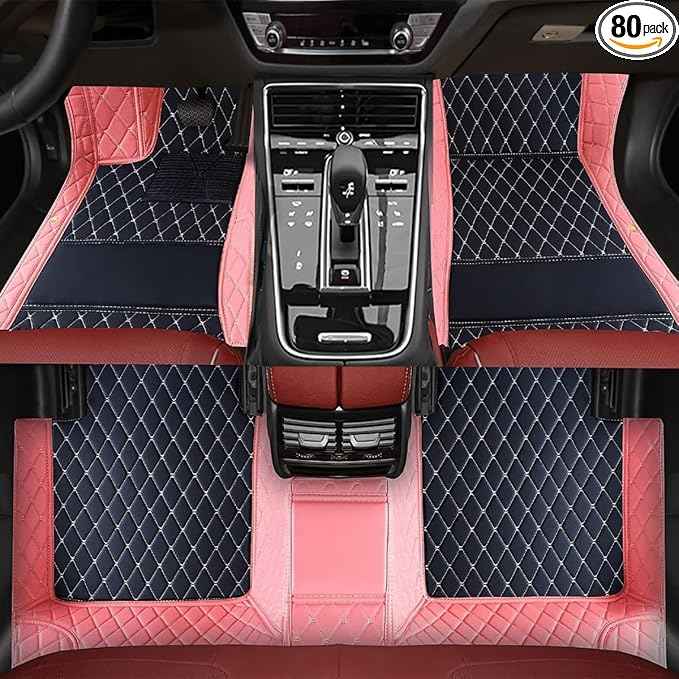 TREGOO All-Weather Anti Slip Floor mat is Suitable mats for floo of All for Tesla Models from 2012 to 2025 (Edge Pink, Black Beige)