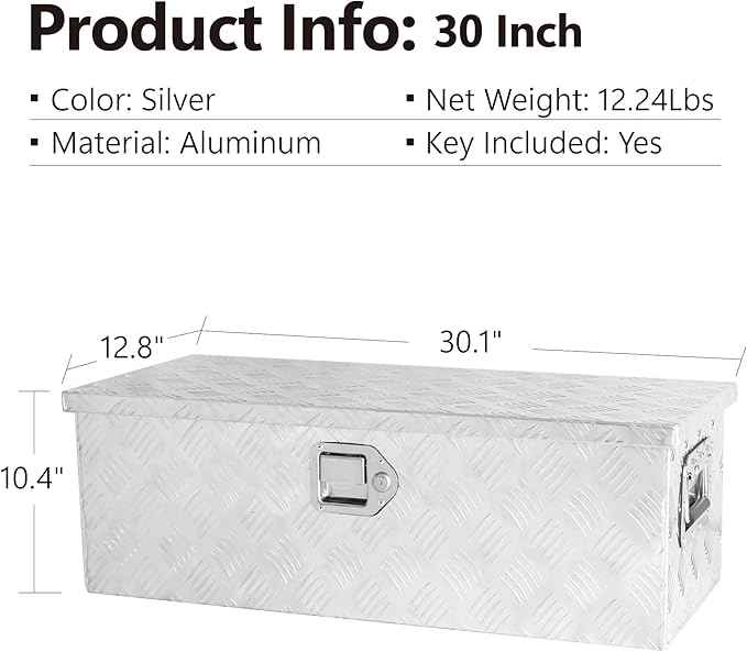 Truck Bed Toolbox for Trailer Pickup, RV Storage Organizer Tool Box Flatbox with Side Handle Lock Keys, Aluminum 5 Bar Tread Pattern Truck Bed Tool Box, Diamond Plate Chest Box Organizer 30 inches