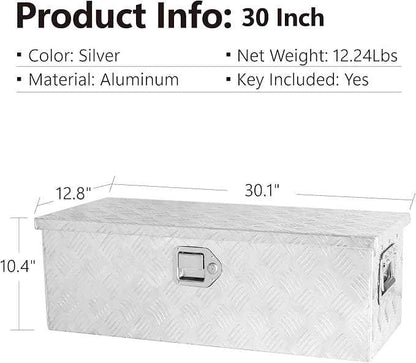 Truck Bed Toolbox for Trailer Pickup, RV Storage Organizer Tool Box Flatbox with Side Handle Lock Keys, Aluminum 5 Bar Tread Pattern Truck Bed Tool Box, Diamond Plate Chest Box Organizer 30 inches