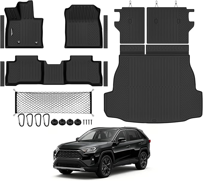 Tongama-Floor Mats for 2026 Toyota RAV4 Hybrid(Not for Limite Model/PHEV/Cargo Area with Subwoofer), All Weather TPE Trunk Mat & Backrest Mats & Cargo Net & Door Sill Guards for RAV4 Accessories