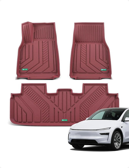 YHTAUTO Floor Mats Compatible with Tesla Model Y Juniper 2025 2026 5-Seat, TPE All Weather Car Mats Waterproof Anti-Slip Odorless 1st & 2nd Row Floor Liner, Set of 3, Red