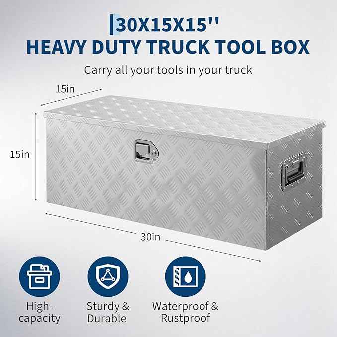Truck Bed Tool Box Aluminum with Lock and Keys, 30x15x15 Inch, Weatherproof Storage Chest Organizer, Side Handles, Gas Strut Lid, Large Capacity Heavy Duty Steel Metal Tool Box for Pickup, Trailer, RV