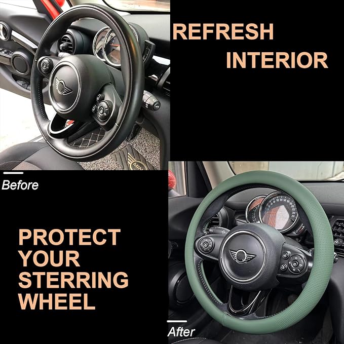 PINCTROT Large Size Nappa Leather Steering Wheel Cover, Slim Fit No Bulk Design, One Piece Leather with Breathable Perforation, Fit Like Gloves, 15.5-15.75 Inch(Nappa Green)