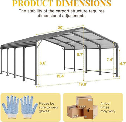 20' x 20' Carport, Metal Carport with Updated Roof & Enhanced Base, Heavy Duty Canopy Carports Garage, Vertaile for Car, Truck, Boat, Tractors, Party, Grey