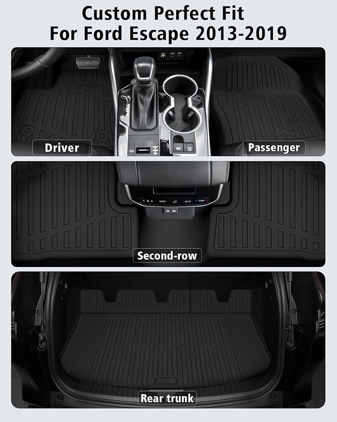 Floor Mats & Cargo Liner Custom Fit for Ford Escape & C-max 2013-2019, Door Sill Guards, All Weather TPE Rubber Anti-Slip 1st & 2nd Row & Trunk Mat Floor Liners for Escape 2019 Accessories