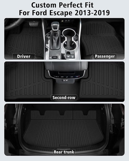 Floor Mats & Cargo Liner Custom Fit for Ford Escape & C-max 2013-2019, Door Sill Guards, All Weather TPE Rubber Anti-Slip 1st & 2nd Row & Trunk Mat Floor Liners for Escape 2019 Accessories