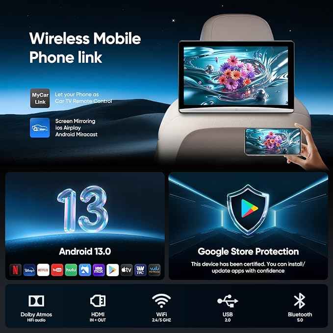 10.8inch Android Portable Car TV Headrest Monitor Tablet for Cars Back seat Support Phone Wireless mirroring Touchscreen with WiFi/Bluetooth/HDMI/USB/Video Player (CPad-108)